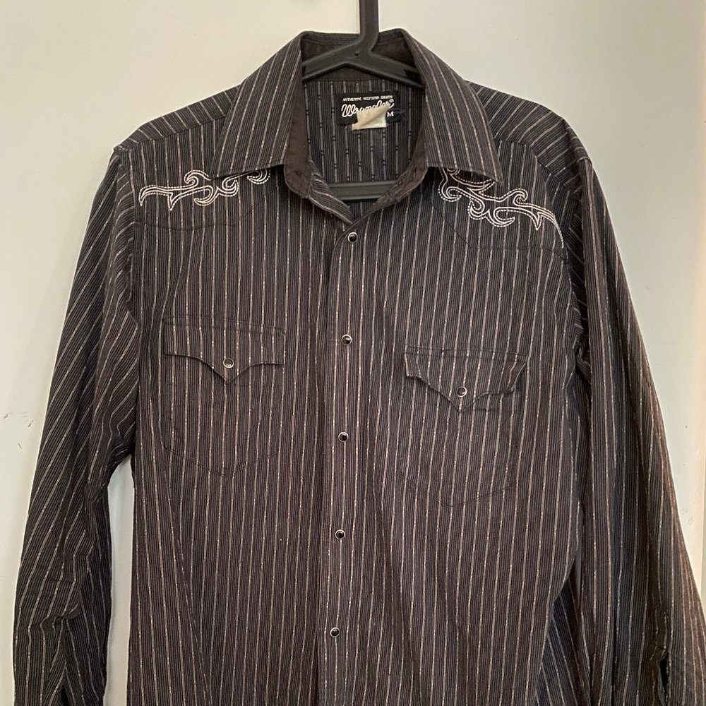 Wrangler Button Up Shirt Mens Medium Black Silver Western Pearl Snap 75982BK